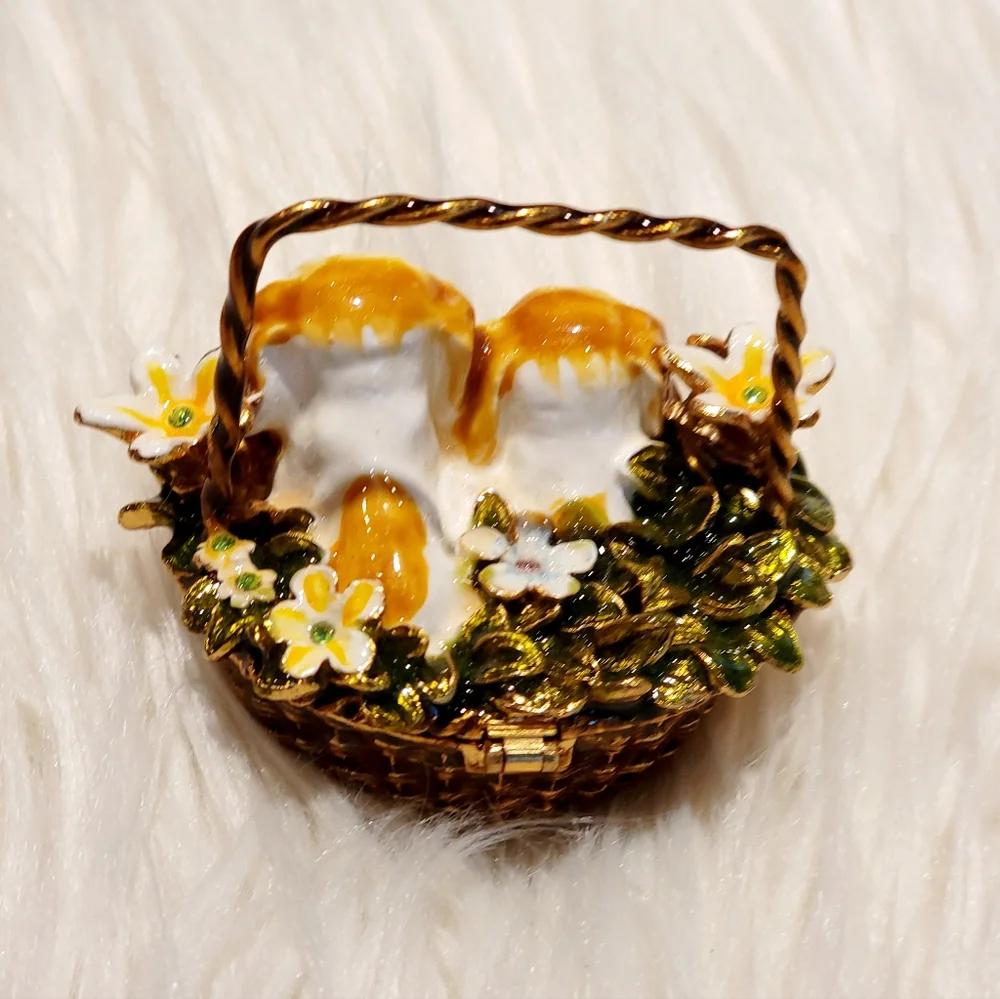 Bejeweled Puppies in Basket Hinged Metal Enameled Trinket Box  - New